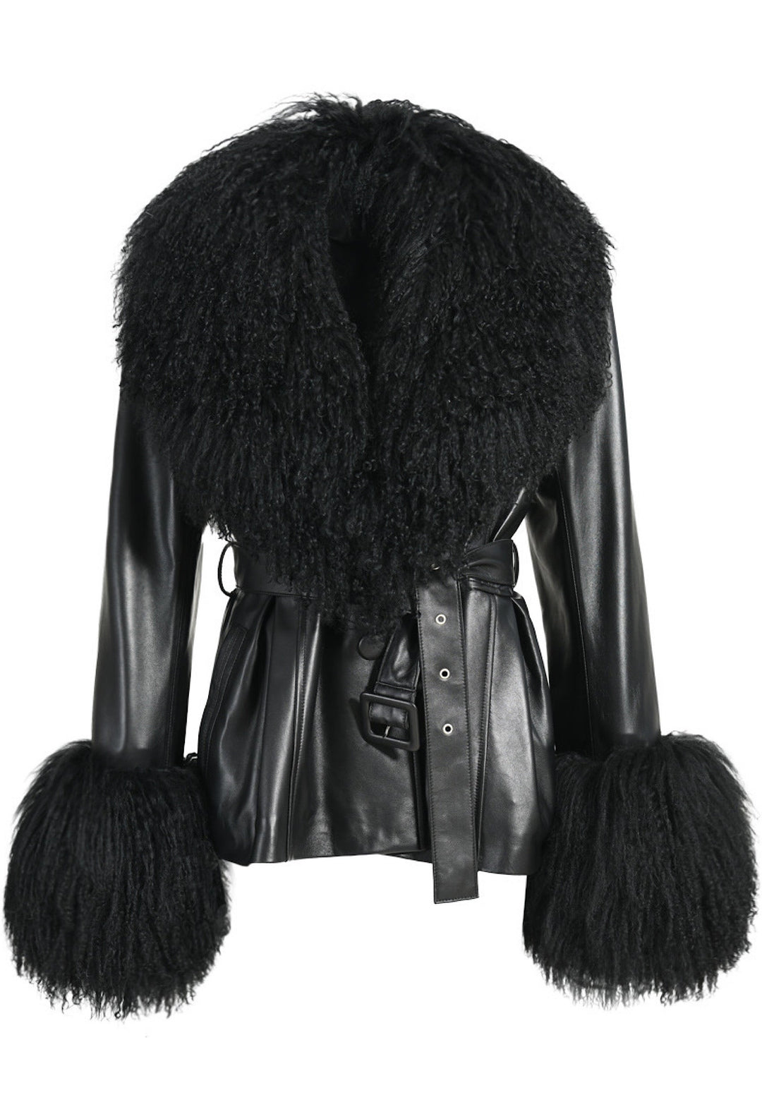 Trendy black leather jacket with luxurious Mongolian fur collar and fur cuffs. 
