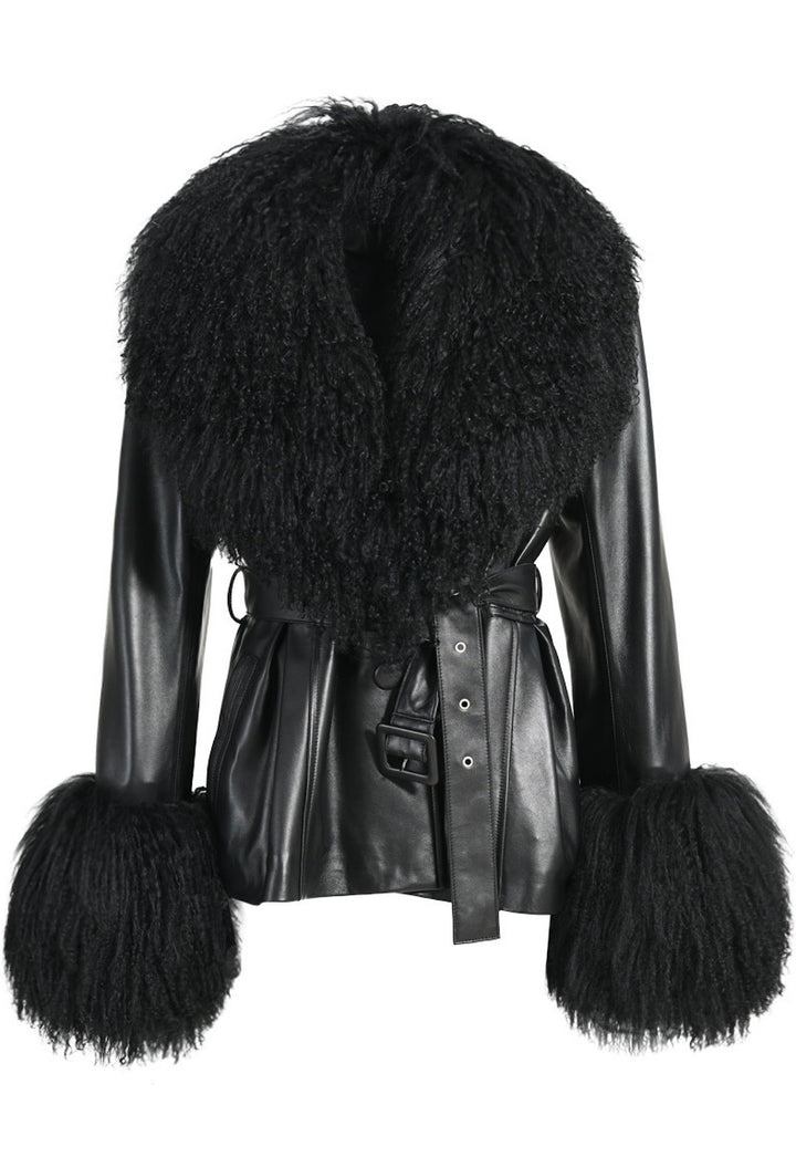 Trendy black leather jacket with luxurious Mongolian fur collar and fur cuffs. 
