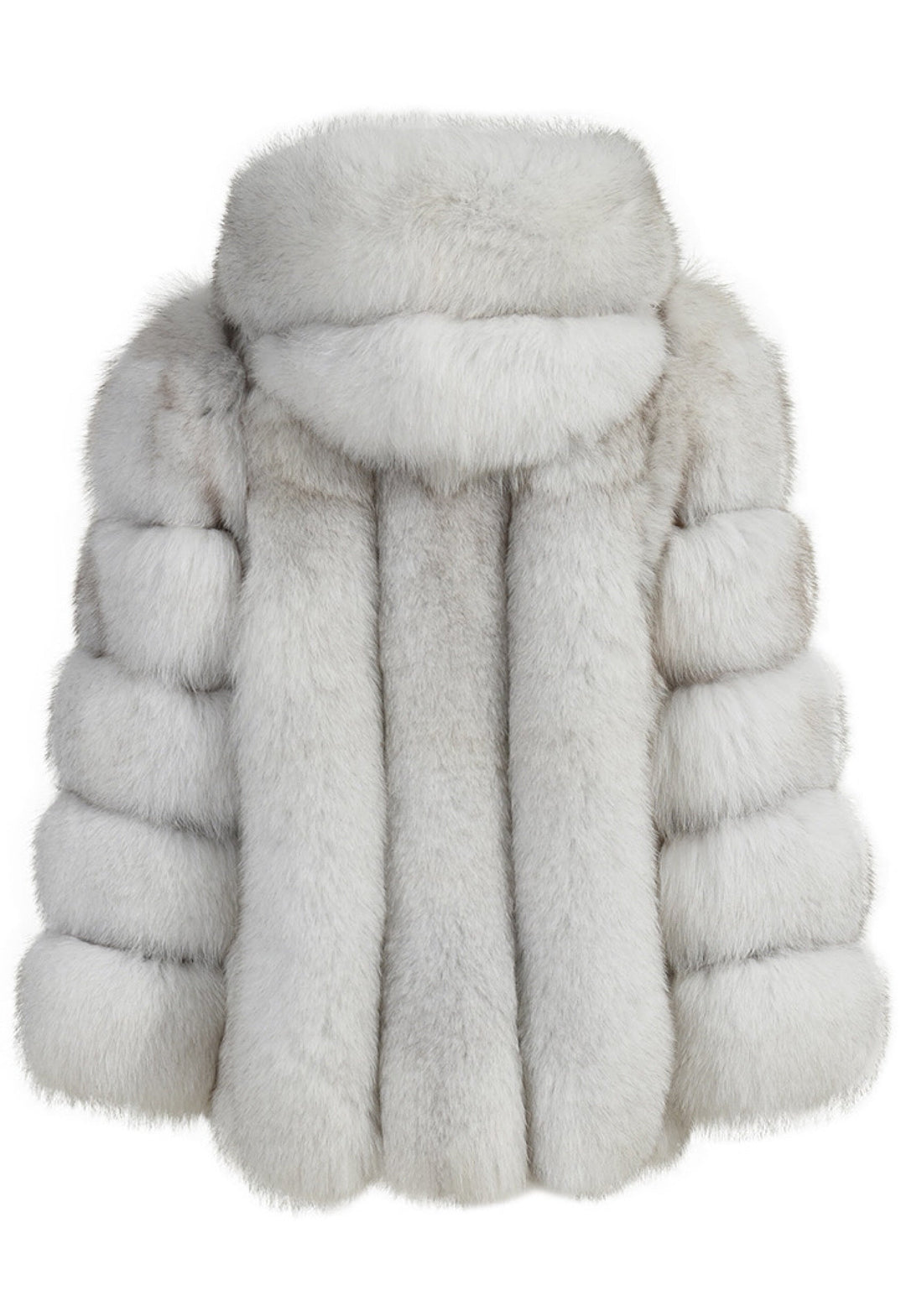 A warm and stylish fox fur coat with large hood for woman. 