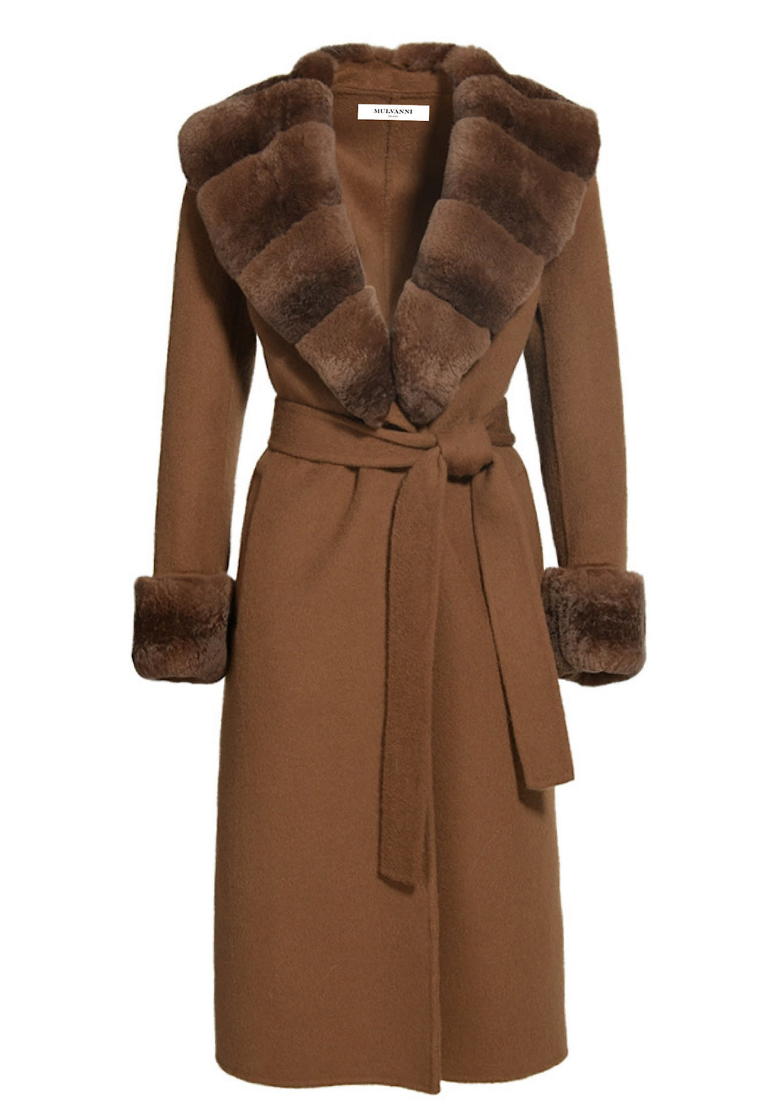 Luxurious rich brown double-faced cashmere coat trimmed with genuine Rex Rabbit fur, featuring a detachable fur collar and fur cuffs for added warmth and elegance.
