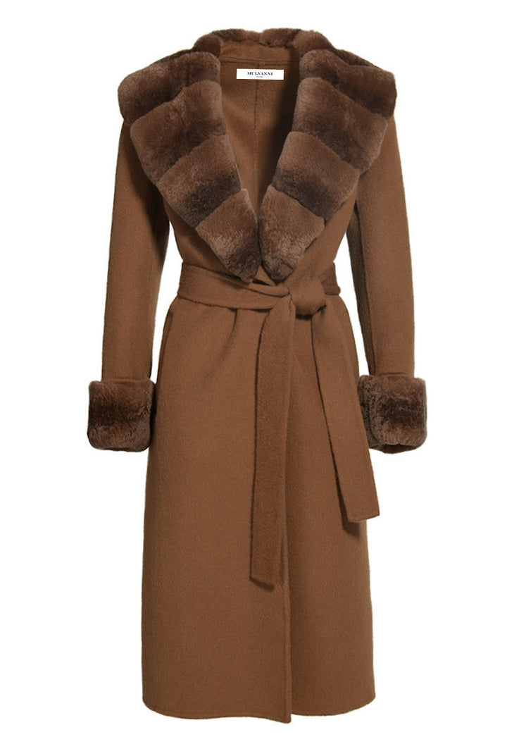 Luxurious rich brown double-faced cashmere coat trimmed with genuine Rex Rabbit fur, featuring a detachable fur collar and fur cuffs for added warmth and elegance.