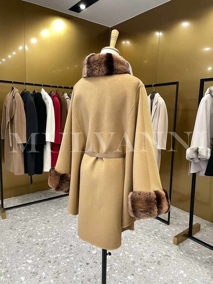 Women Cashmere Cape with Rex Rabbit Fur, high quality fabrics, classic cut, funnel neckline, leather belt, designed in Italy.