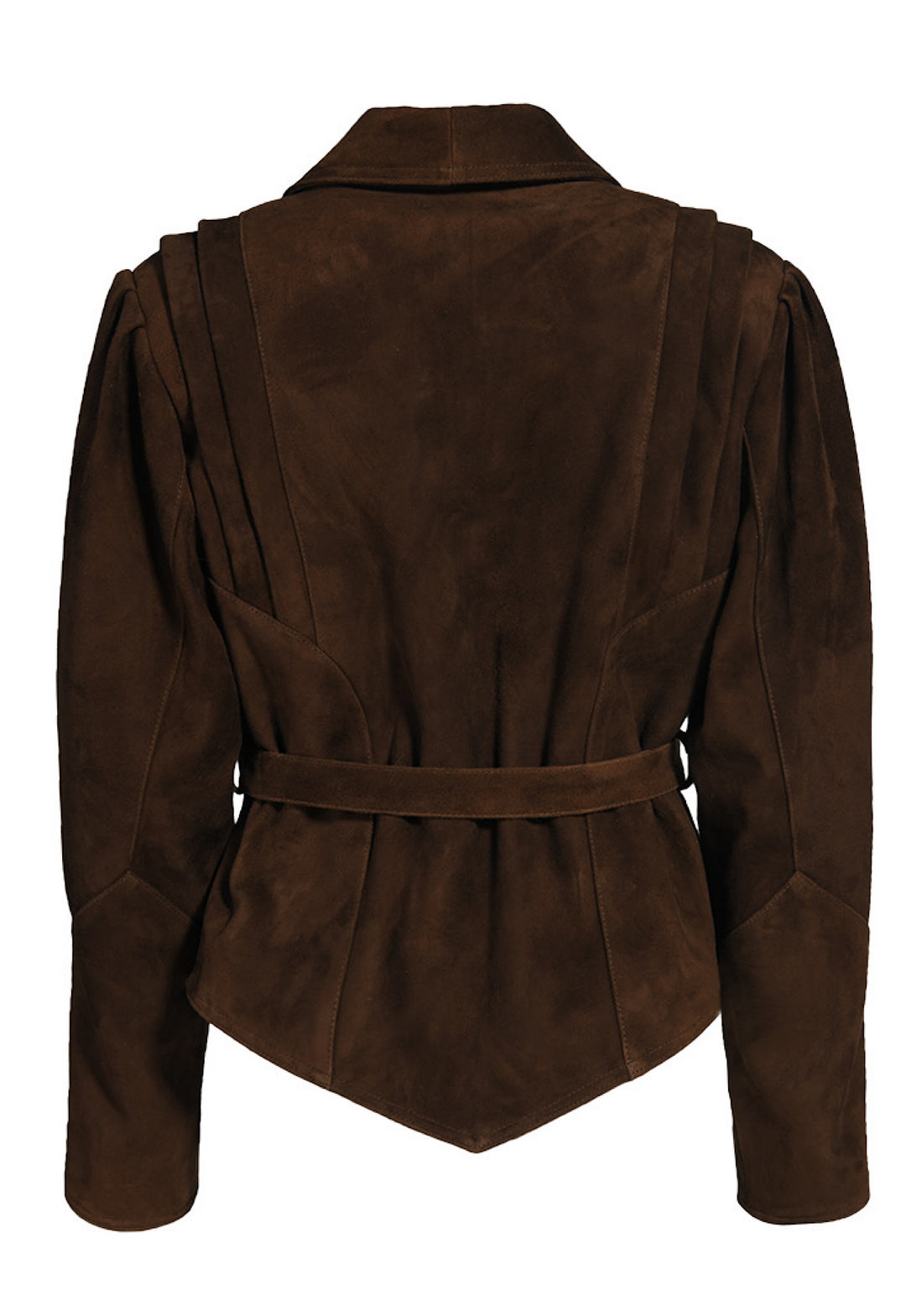 Genuine dark brown suede jacket in a sleek, structured shape, finished with a coordinating belt to accentuate the waist.