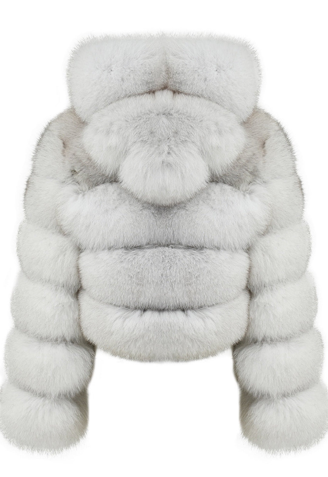 Expertly crafted cropped fox fur coat with a voluminous hood, made from premium 100% genuine fox fur and designed with dense horizontal panels for cozy sophistication.