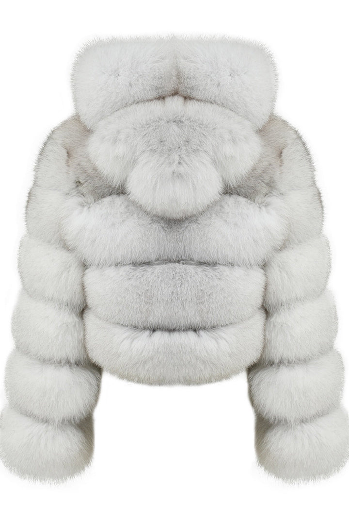 Expertly crafted cropped fox fur coat with a voluminous hood, made from premium 100% genuine fox fur and designed with dense horizontal panels for cozy sophistication.