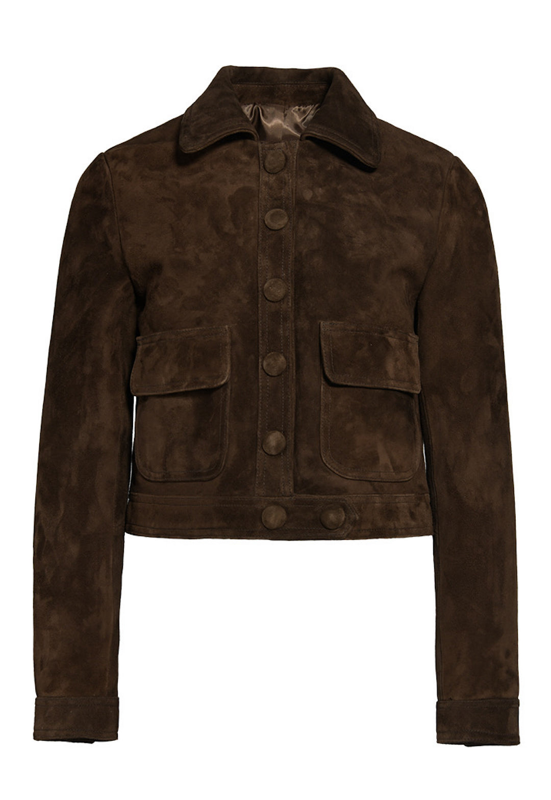 Cropped brown suede jacket styled with clean tailoring and a flattering waist-length cut, blending effortless style and modern sophistication.