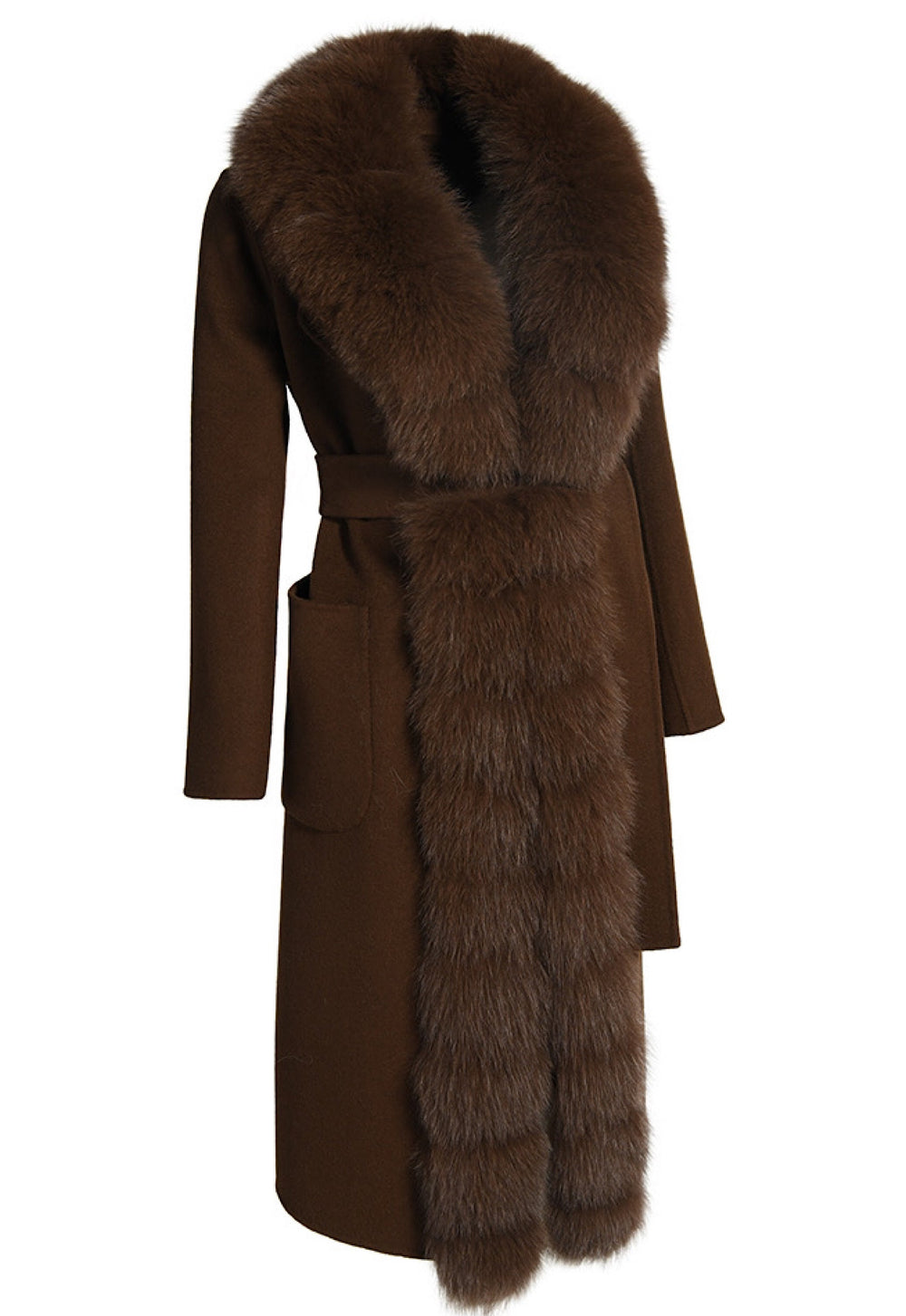 This elegant brown double-faced cashmere coat offers structure and softness, with a cinched waist belt and plush genuine brown fox fur trim for added warmth and sophistication.