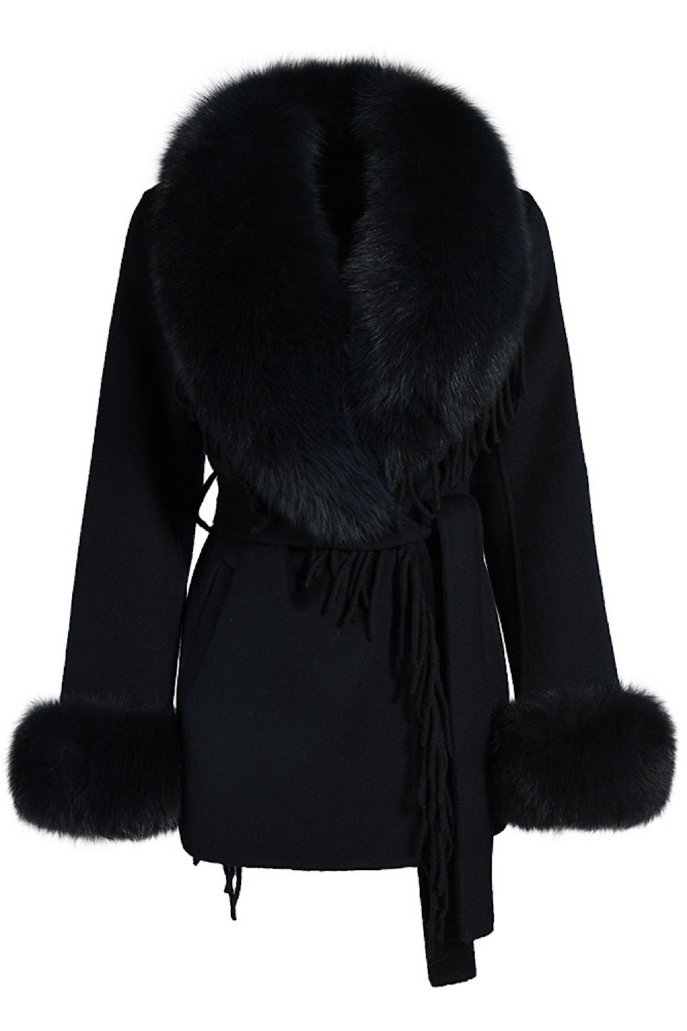 Short black cashmere coat with voluminous fox fur collar, combining luxury materials and timeless design.