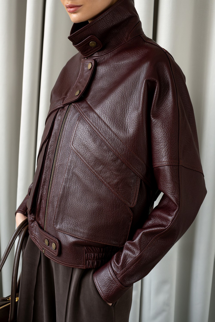 Luxurious cropped leather jacket in rich burgundy, styled for contemporary streetwear with a refined edge.