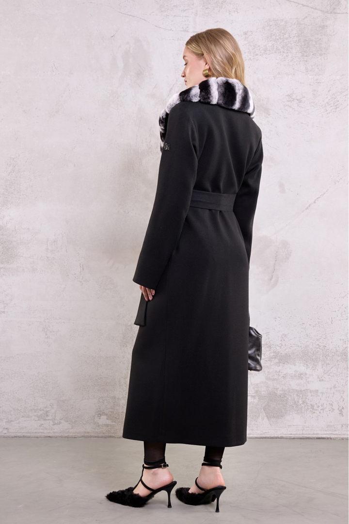 Chic and timeless black wool coat with a silky rex rabbit fur collar in chinchilla tones, styled for upscale outerwear appeal.