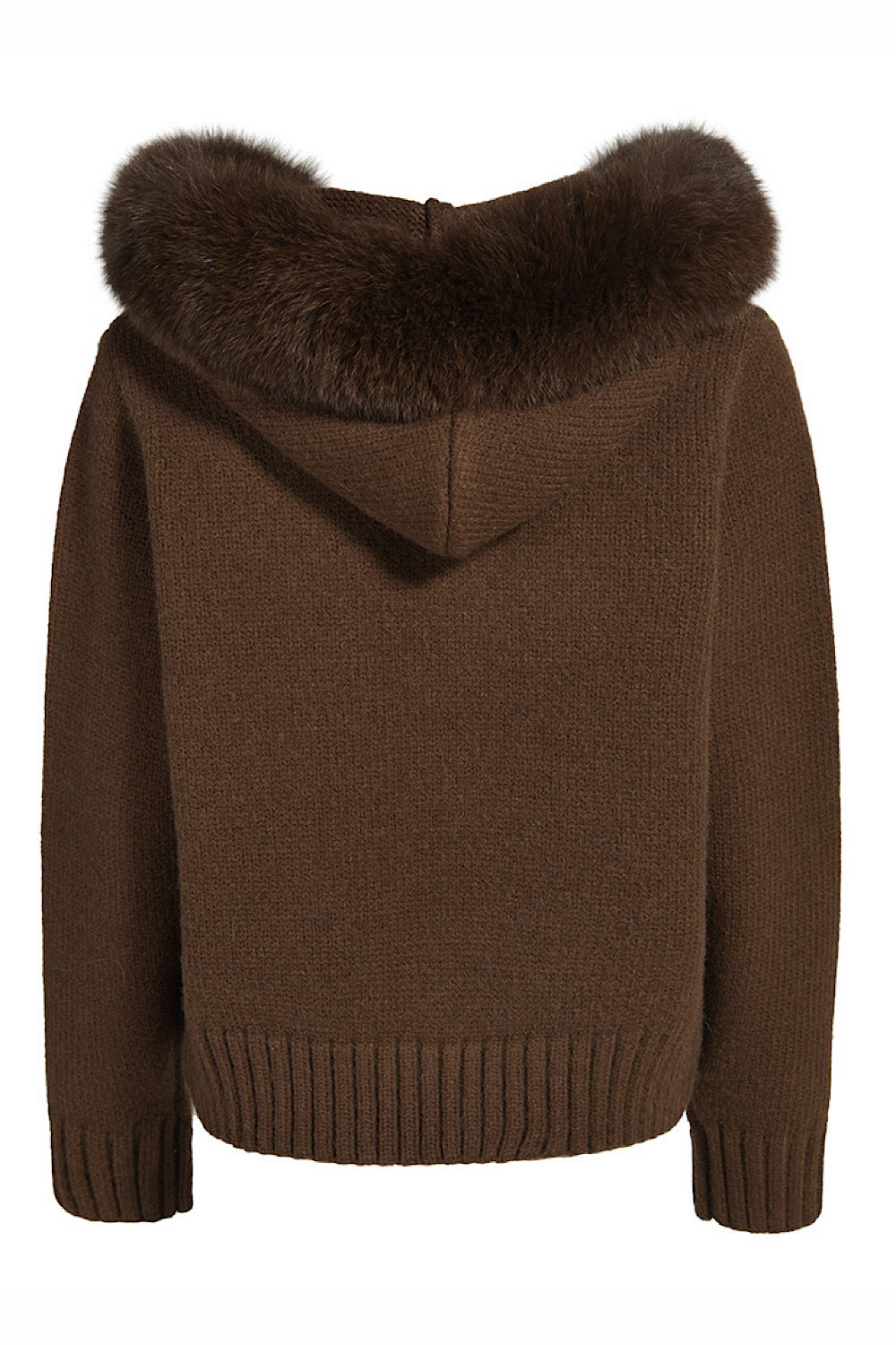Loungewear-inspired brown cashmere jacket with voluminous fox fur, offering warmth and sophistication.
