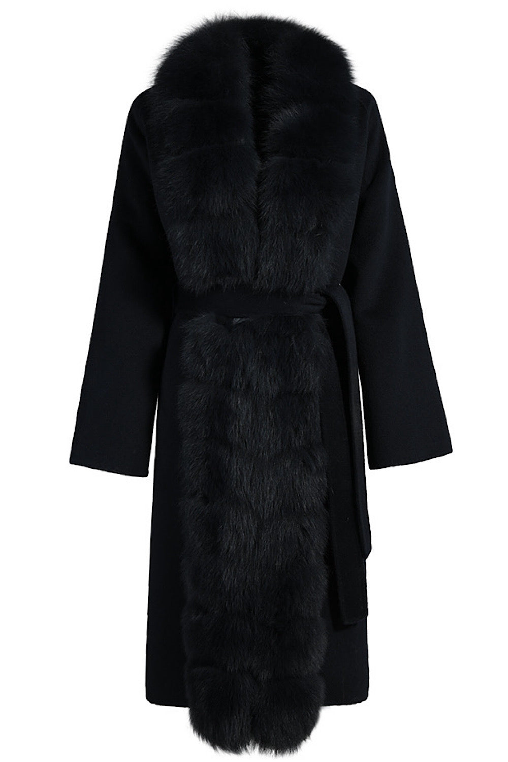 Black cashmere coat with voluminous fox fur collar, combining luxury materials and timeless design.