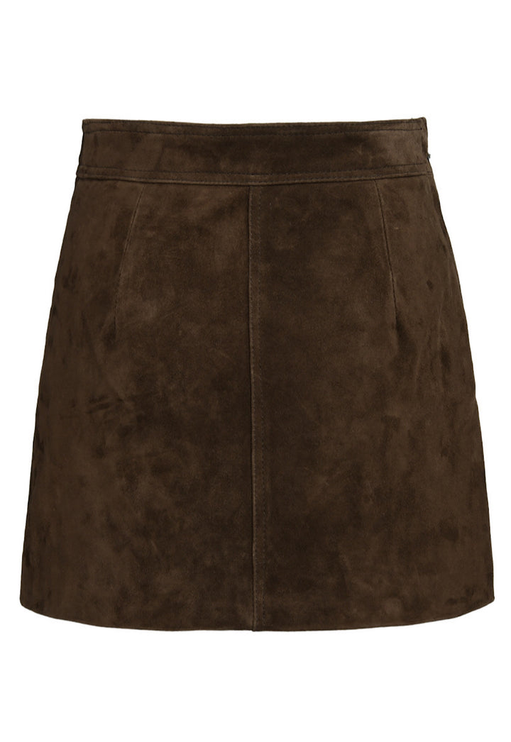 Soft genuine suede mini skirt in rich brown, styled with a matching cropped jacket for a polished yet edgy ensemble.