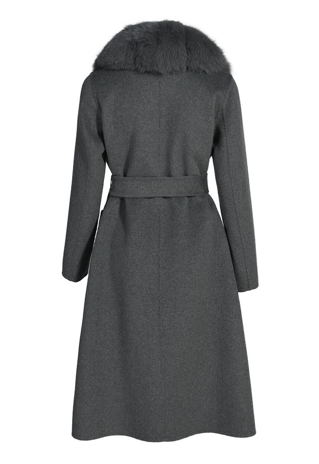 Structured grey cashmere coat with a flawless fit, waist-cinching belt, and cascading grey fox fur trim that enhances its timeless design.