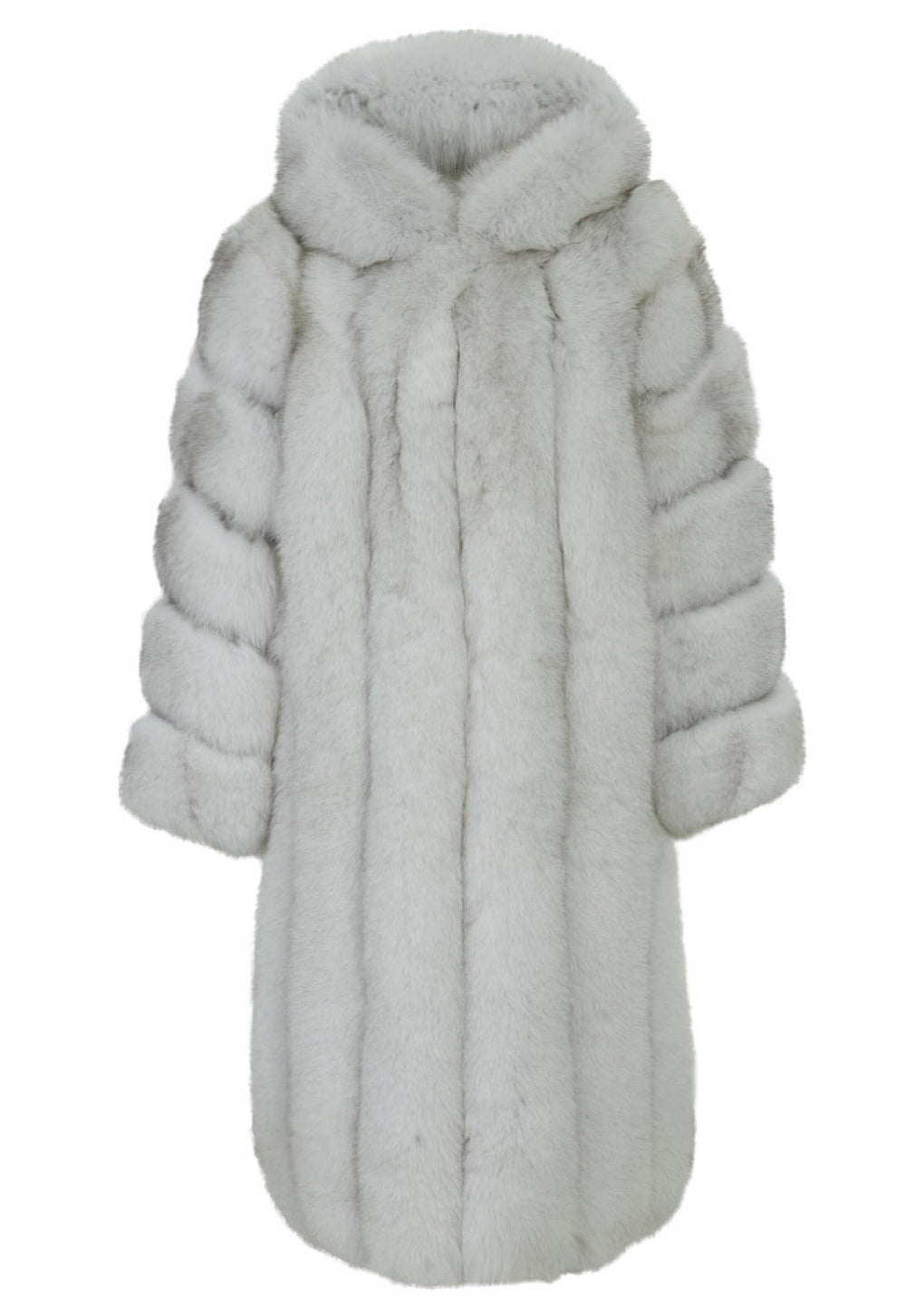 Genuine Natural Fox Fur Coat featuring a luxurious long design with soft, pale gray fox fur.
