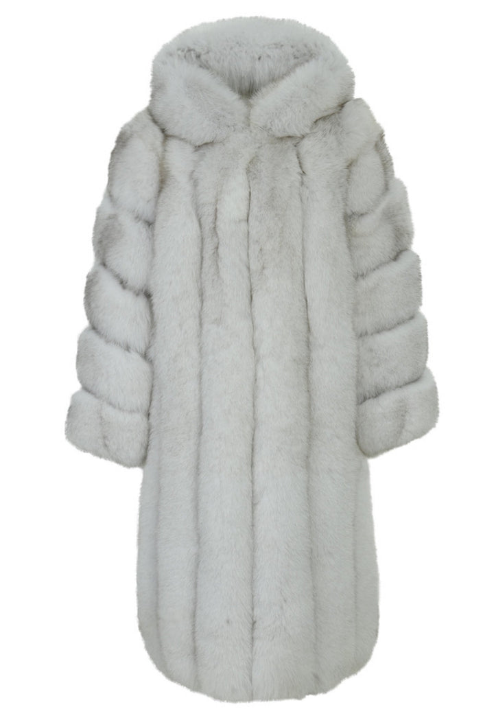 Genuine Natural Fox Fur Coat featuring a luxurious long design with soft, pale gray fox fur.