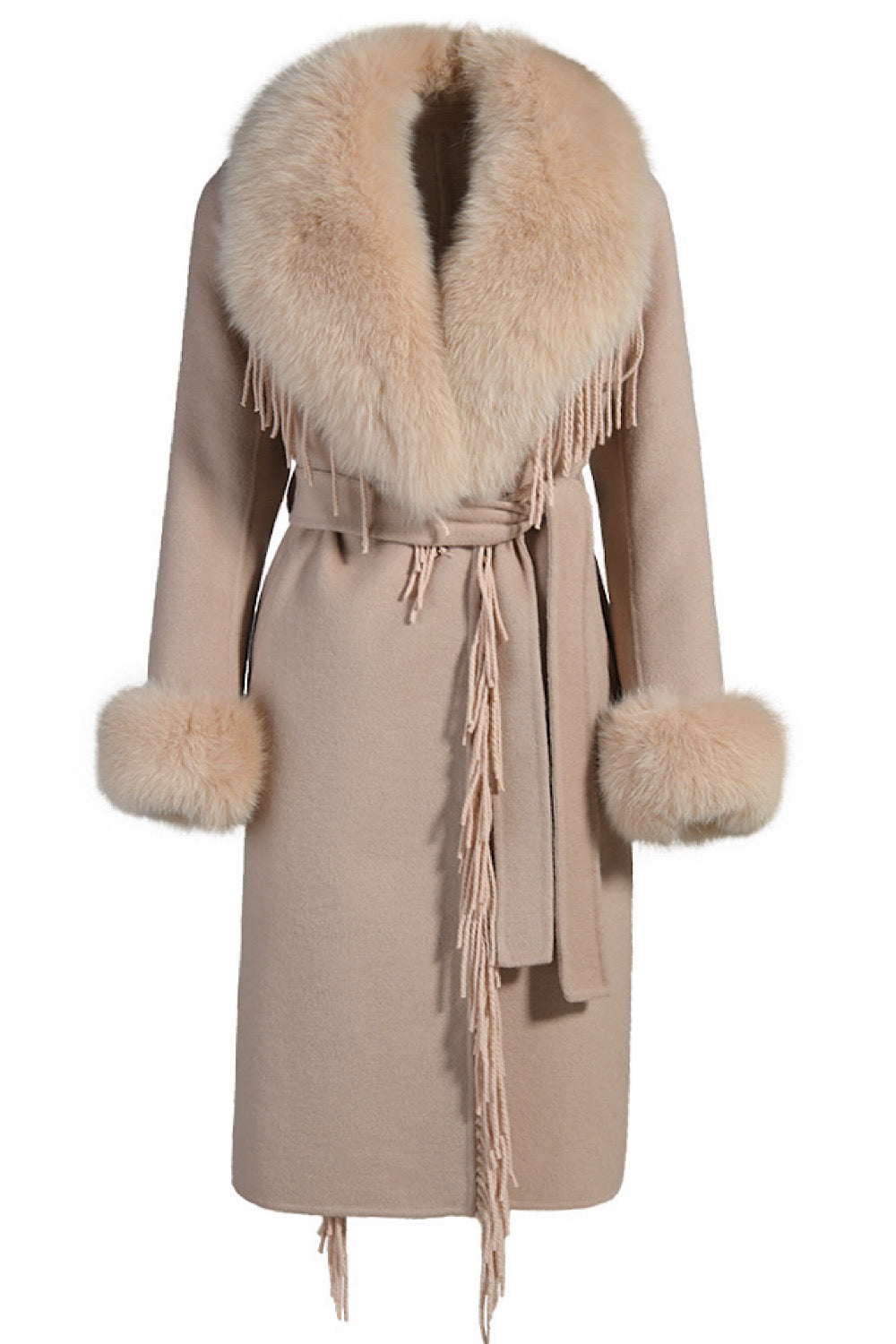 Avery Cashmere Coat: a beige cashmere coat with fringes and a fox fur collar for luxury outerwear.
