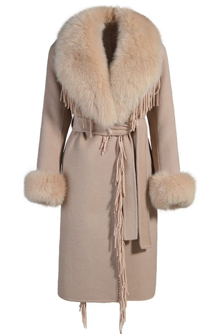 Avery Cashmere Coat: a beige cashmere coat with fringes and a fox fur collar for luxury outerwear.