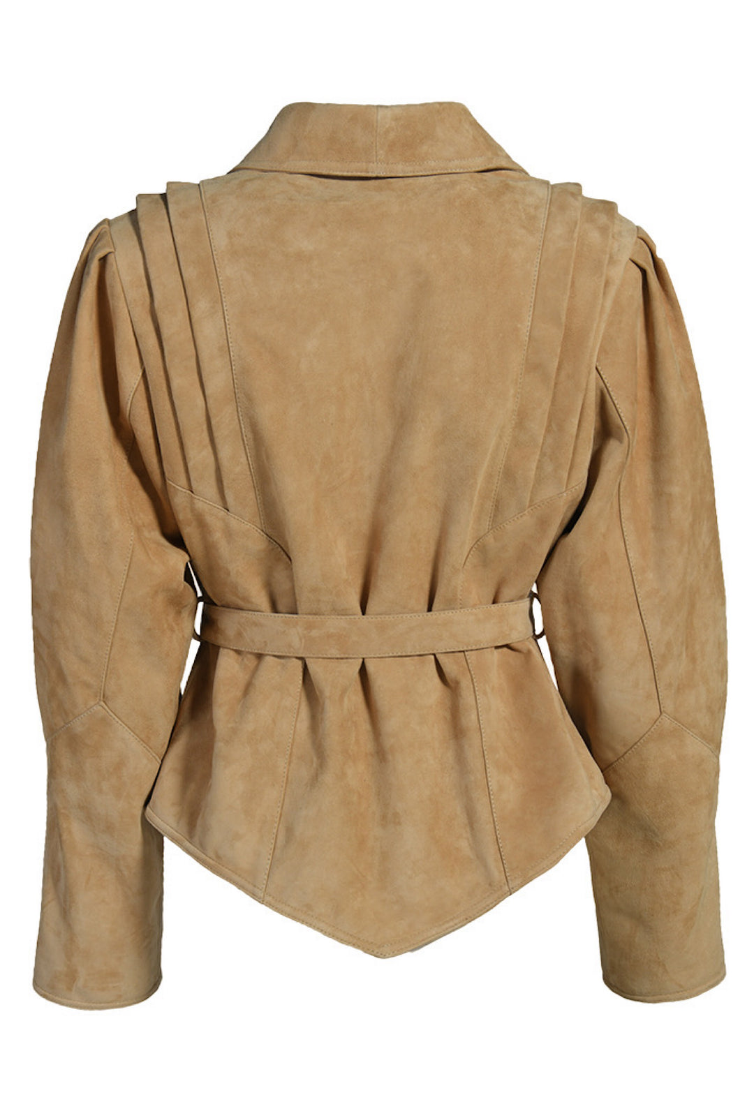 Genuine beige suede jacket in a sleek, structured shape, finished with a coordinating belt to accentuate the waist.
