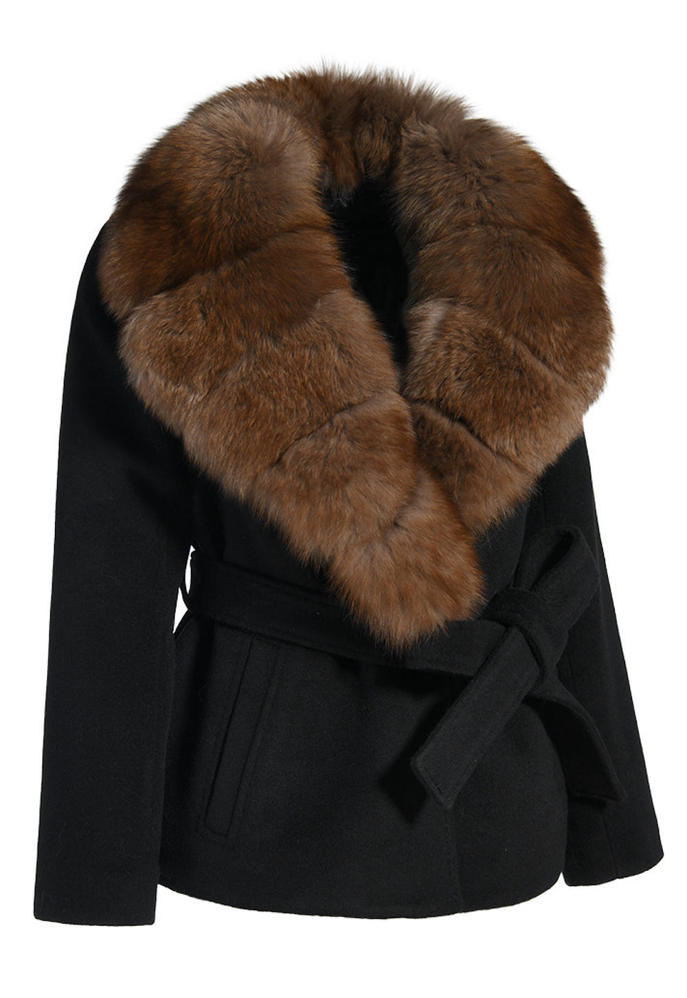Elegantly designed short wool coat with a structured fit and an oversized sable-dyed fox fur collar, combining classic style with luxurious comfort.