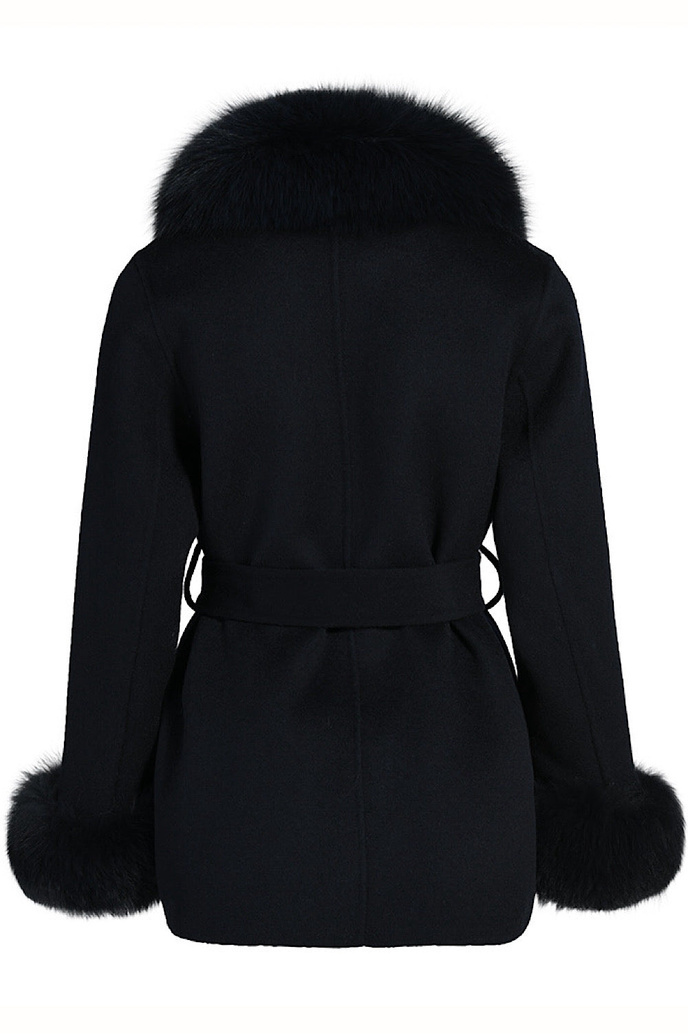 Elegant short winter coat in black cashmere, finished with plush fox fur trim for added warmth and sophistication.