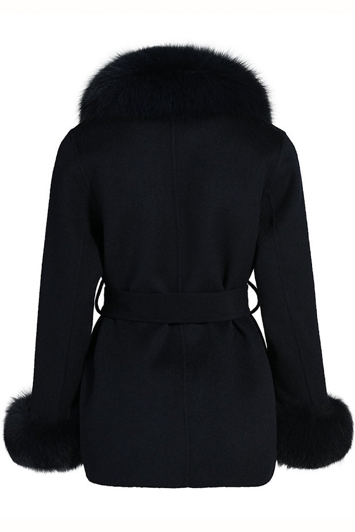Elegant short winter coat in black cashmere, finished with plush fox fur trim for added warmth and sophistication.