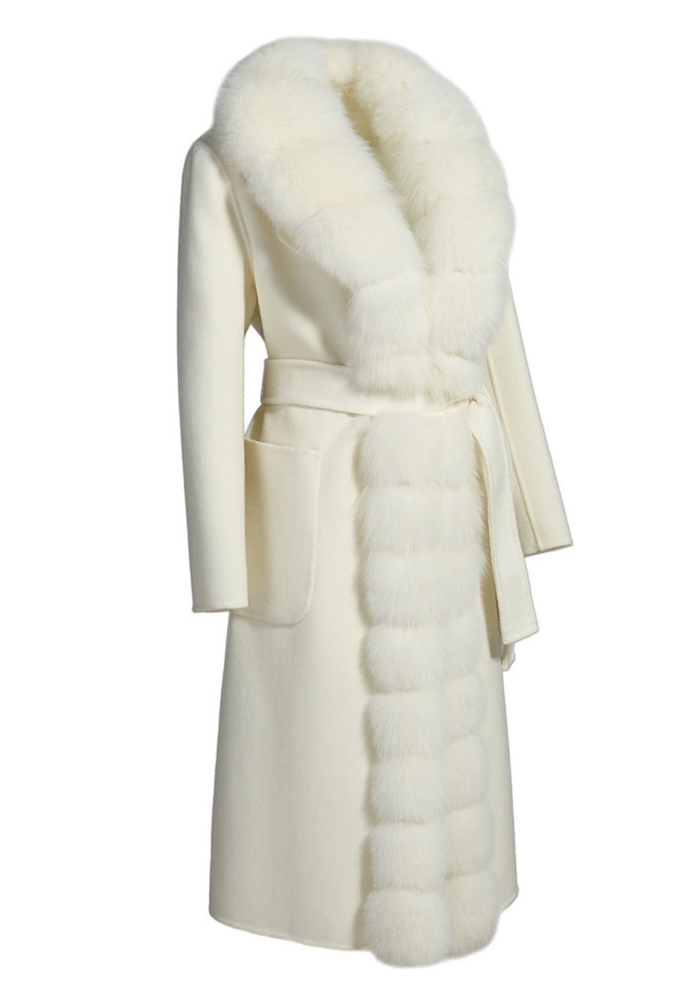 ALIZE off white cashmere coat with genuine fox fur trim, featuring a flattering silhouette and impeccable fit, stylish and durable addition to winter wardrobe