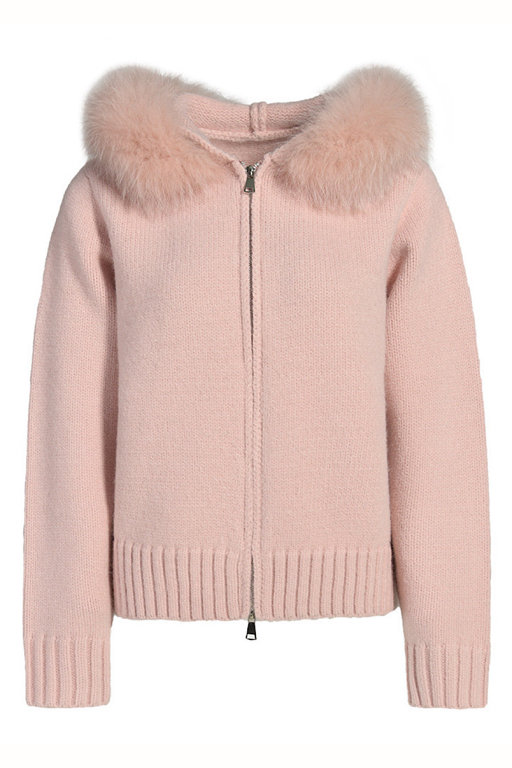 Light pink cashmere jacket with plush fox fur trim, perfect for soft and feminine loungewear elegance.