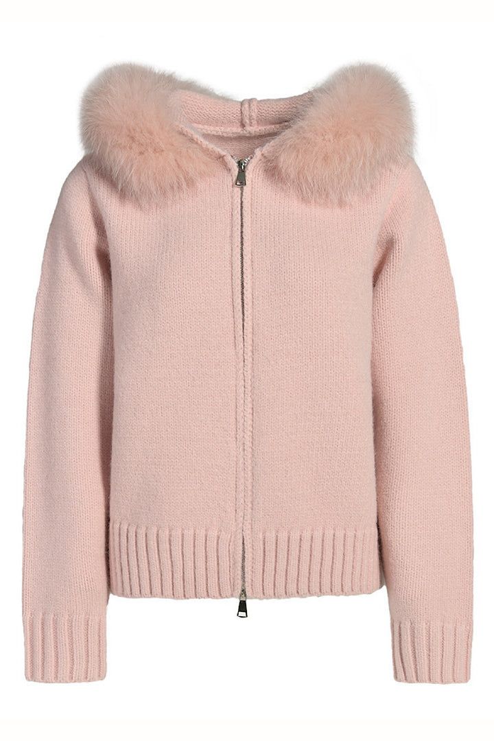 Light pink cashmere jacket with plush fox fur trim, perfect for soft and feminine loungewear elegance.
