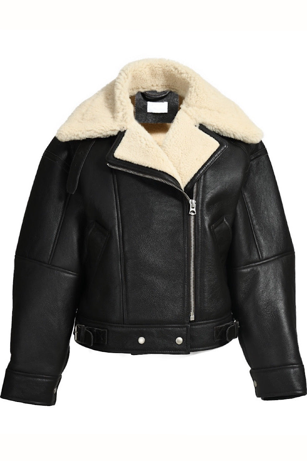 Classic aviator leather bomber crafted from heavyweight black sheepskin with a cozy shearling lining, featuring a voluminous cropped sporty silhouette ideal for winter insulation.