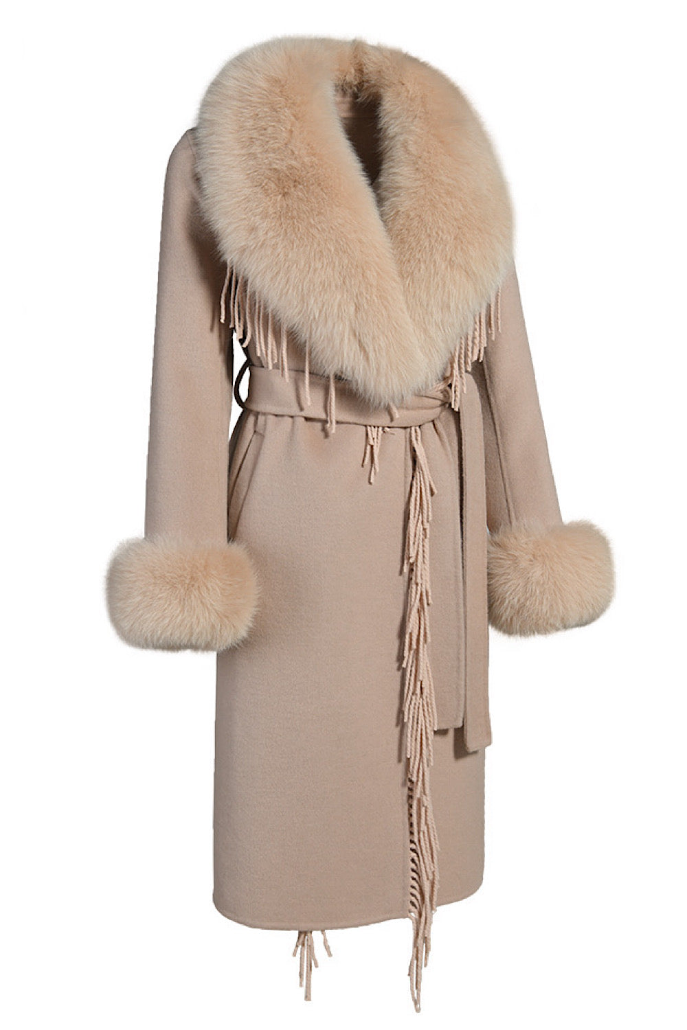 Beige cashmere coat with fringes and a fox fur collar, embodying luxury and elegance in outerwear fashion.