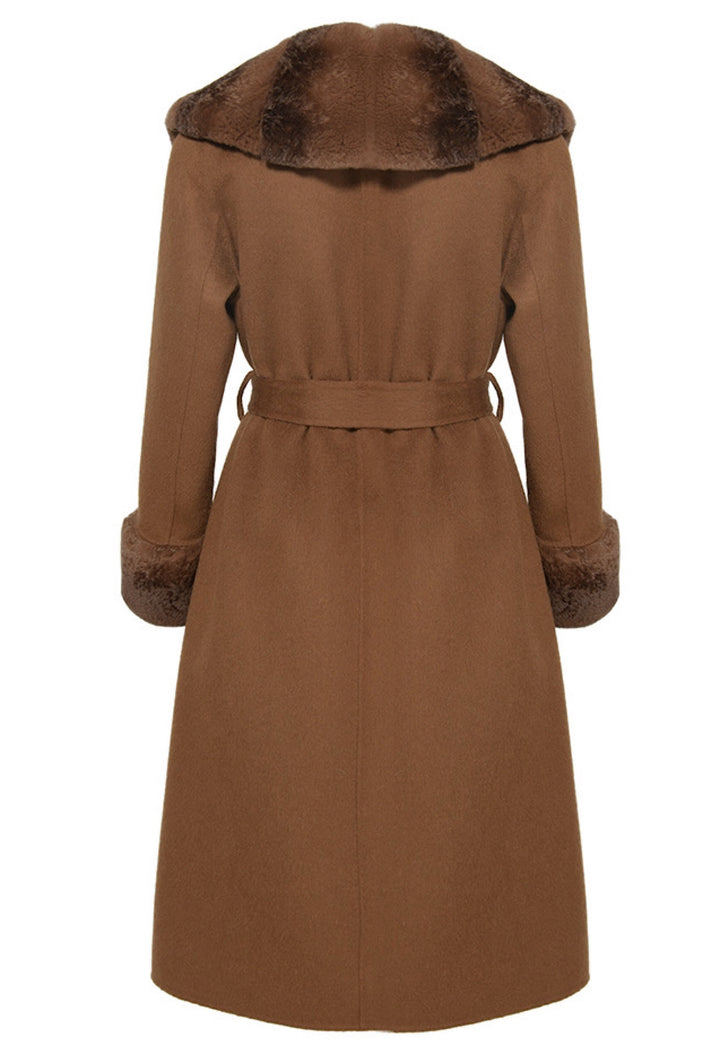 Double-faced brown cashmere coat with plush genuine Rex Rabbit fur trim on the collar and cuffs, designed for warmth and sophisticated style.