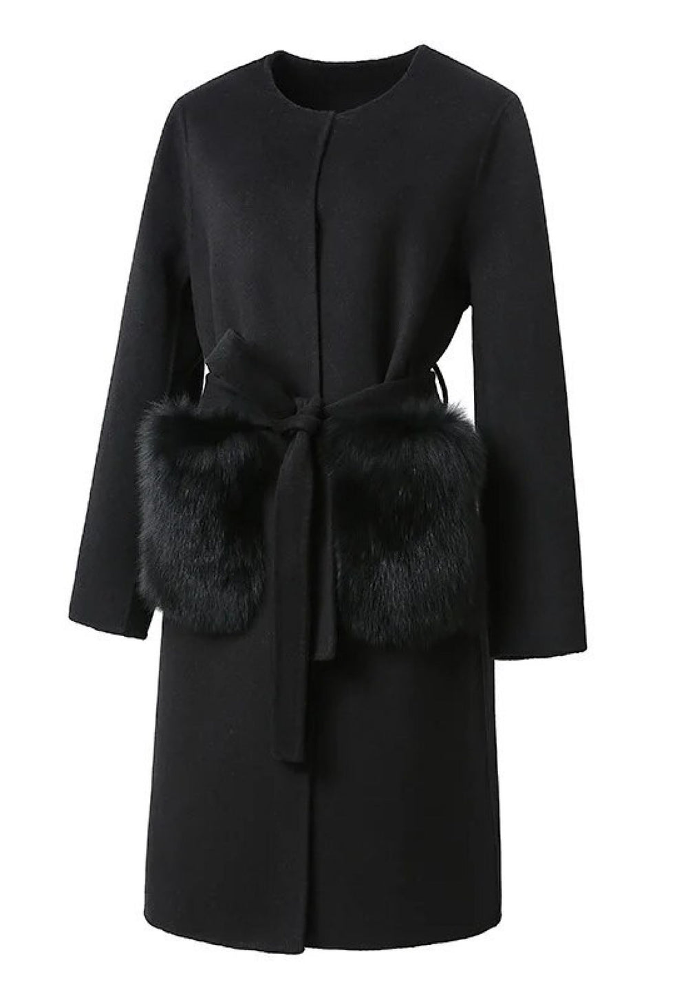 An elegant black cashmere coat adorned with plush fur pockets, showcasing a classic silhouette. The coat’s high-quality fabric and refined details make it a stylish choice for winter outings.