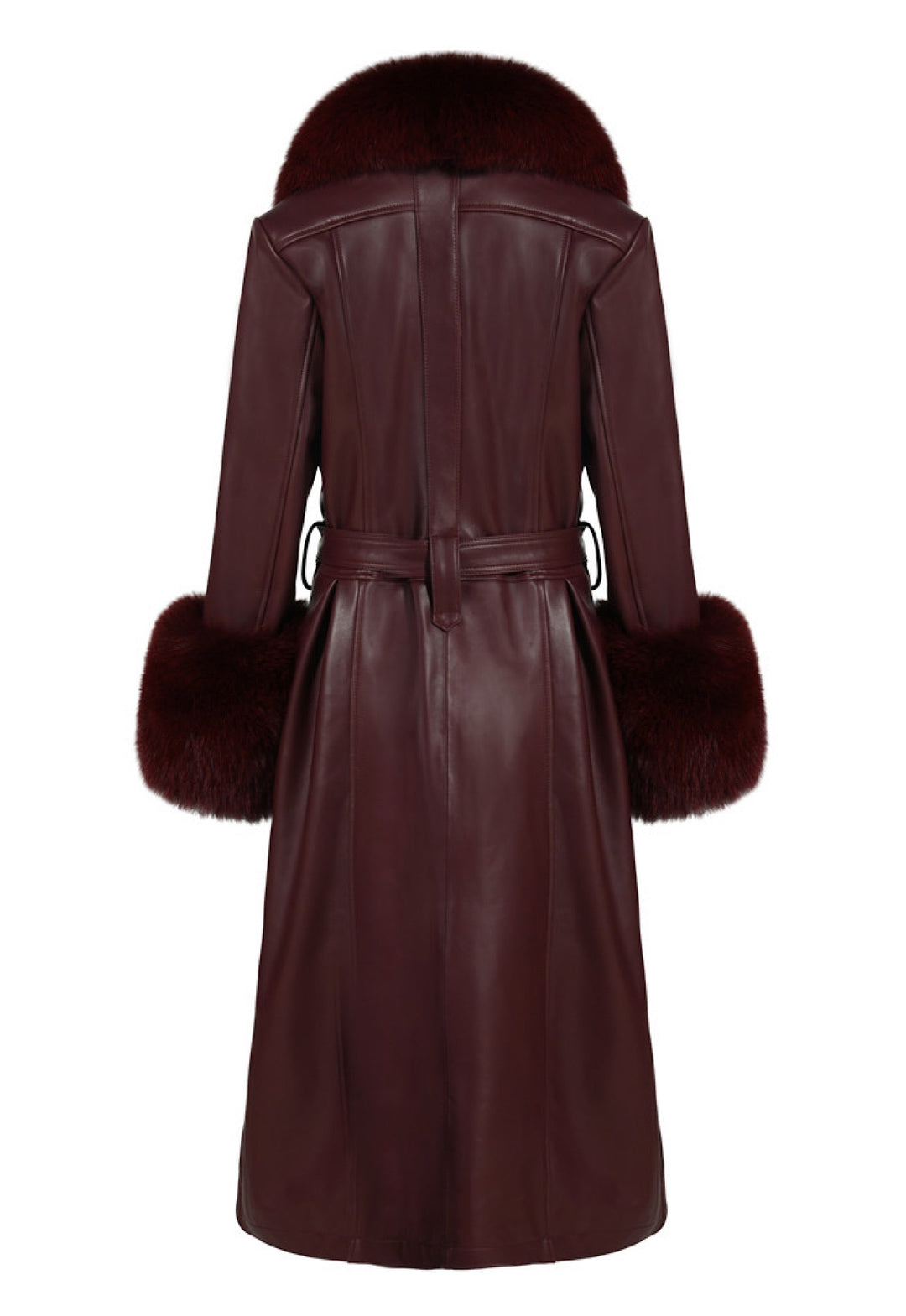 Long burgundy leather trench coat with fox fur collar and cuffs, high-quality Italian design, genuine lambskin, back view.