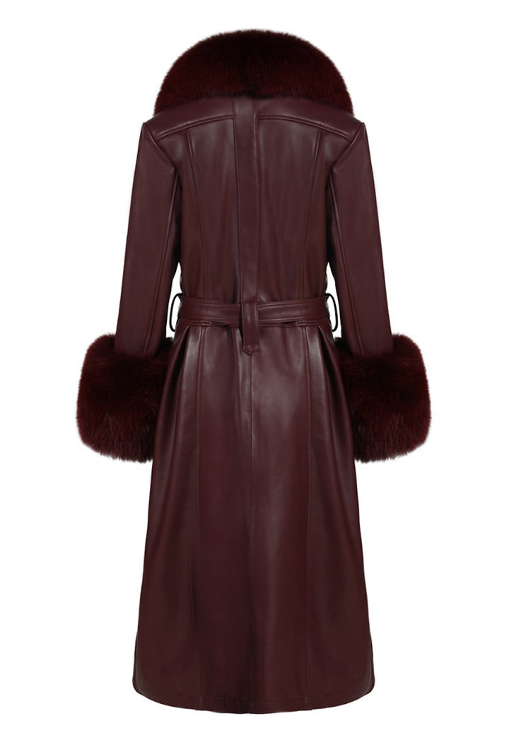 Long burgundy leather trench coat with fox fur collar and cuffs, high-quality Italian design, genuine lambskin, back view.