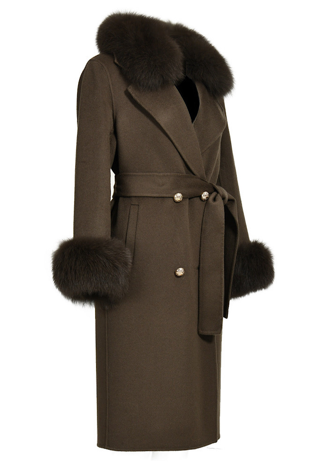 Luxurious winter coat in deep green cashmere with a fox fur collar, combining warmth and elevated design.