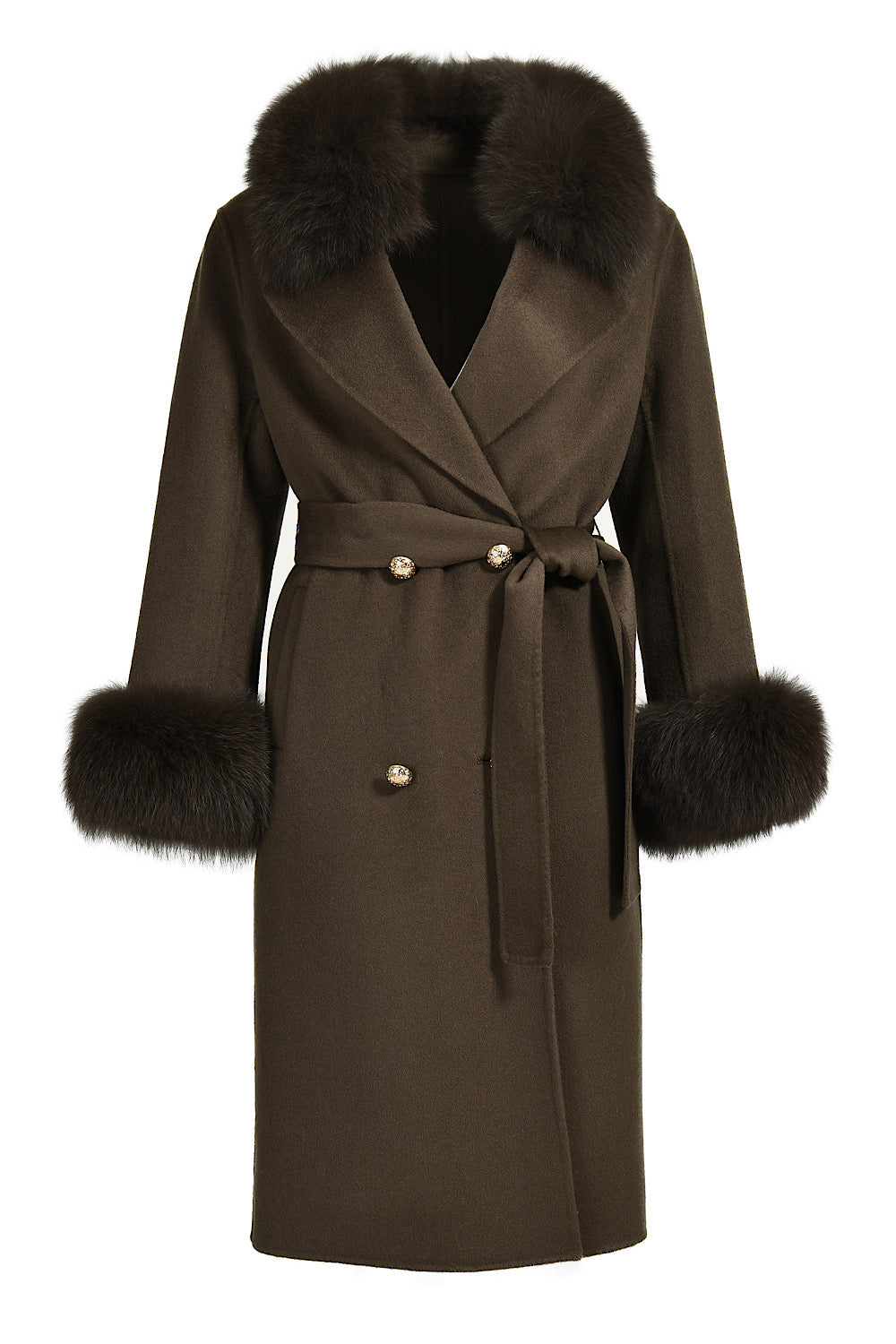 Dark green cashmere coat with plush fox fur collar, offering a sophisticated and luxurious winter look.