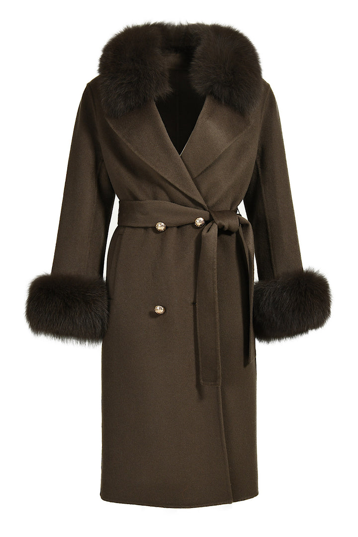 Dark green cashmere coat with plush fox fur collar, offering a sophisticated and luxurious winter look.