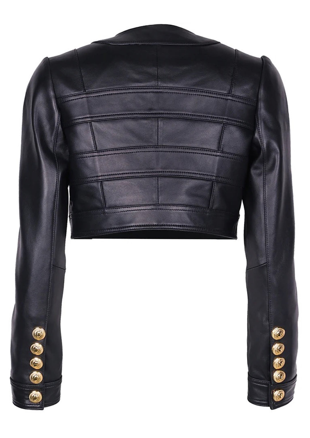 Refined lambskin leather cropped blazer featuring sharp lapels and iconic gold buttons, offering a blend of elegance and edge.