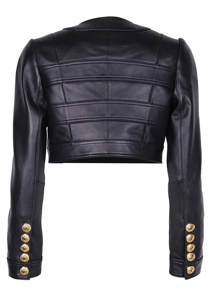 Refined lambskin leather cropped blazer featuring sharp lapels and iconic gold buttons, offering a blend of elegance and edge.
