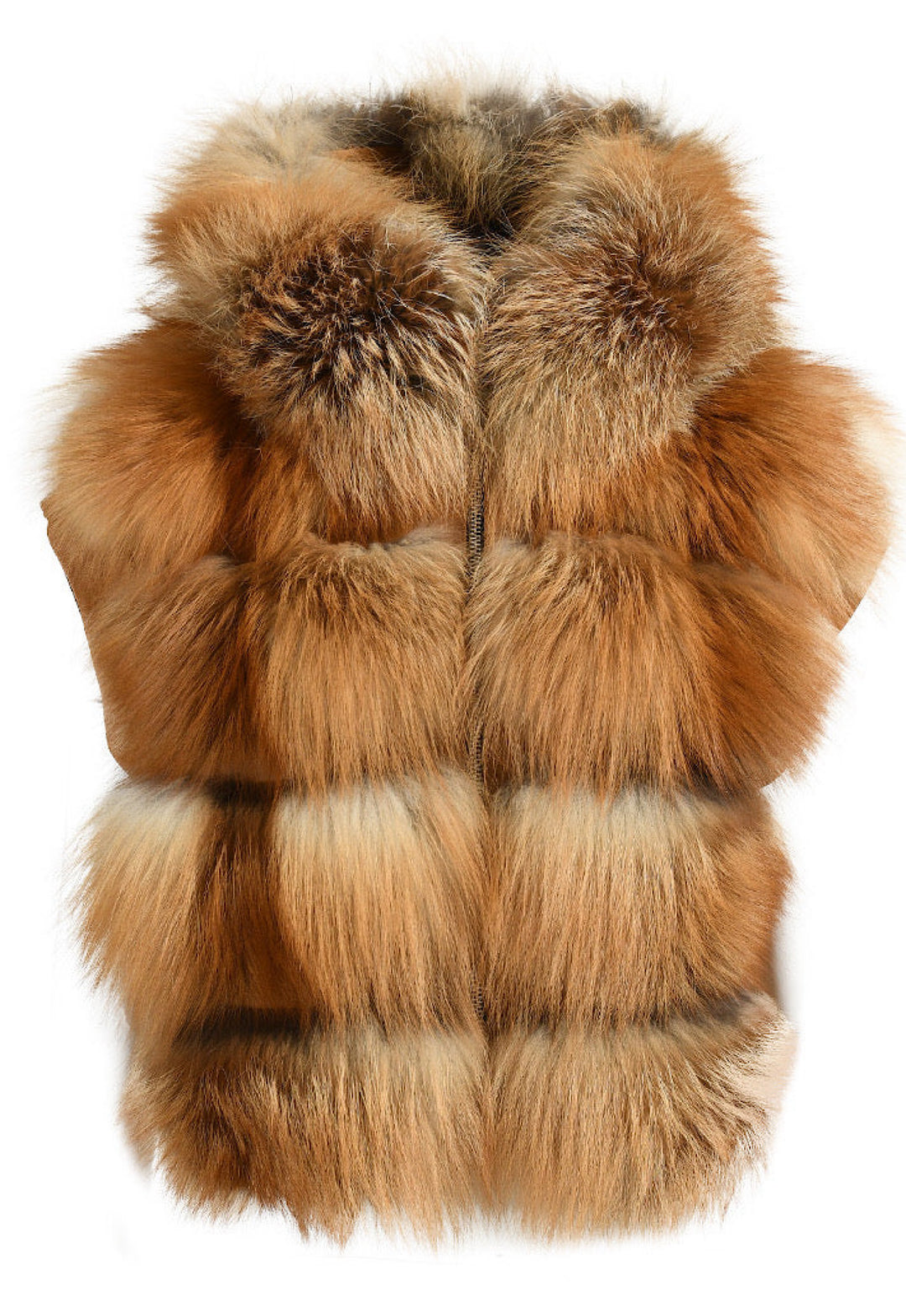 Cropped red fox fur vest with a hood, crafted from 100% genuine plush fur, offering luxurious warmth and statement style.