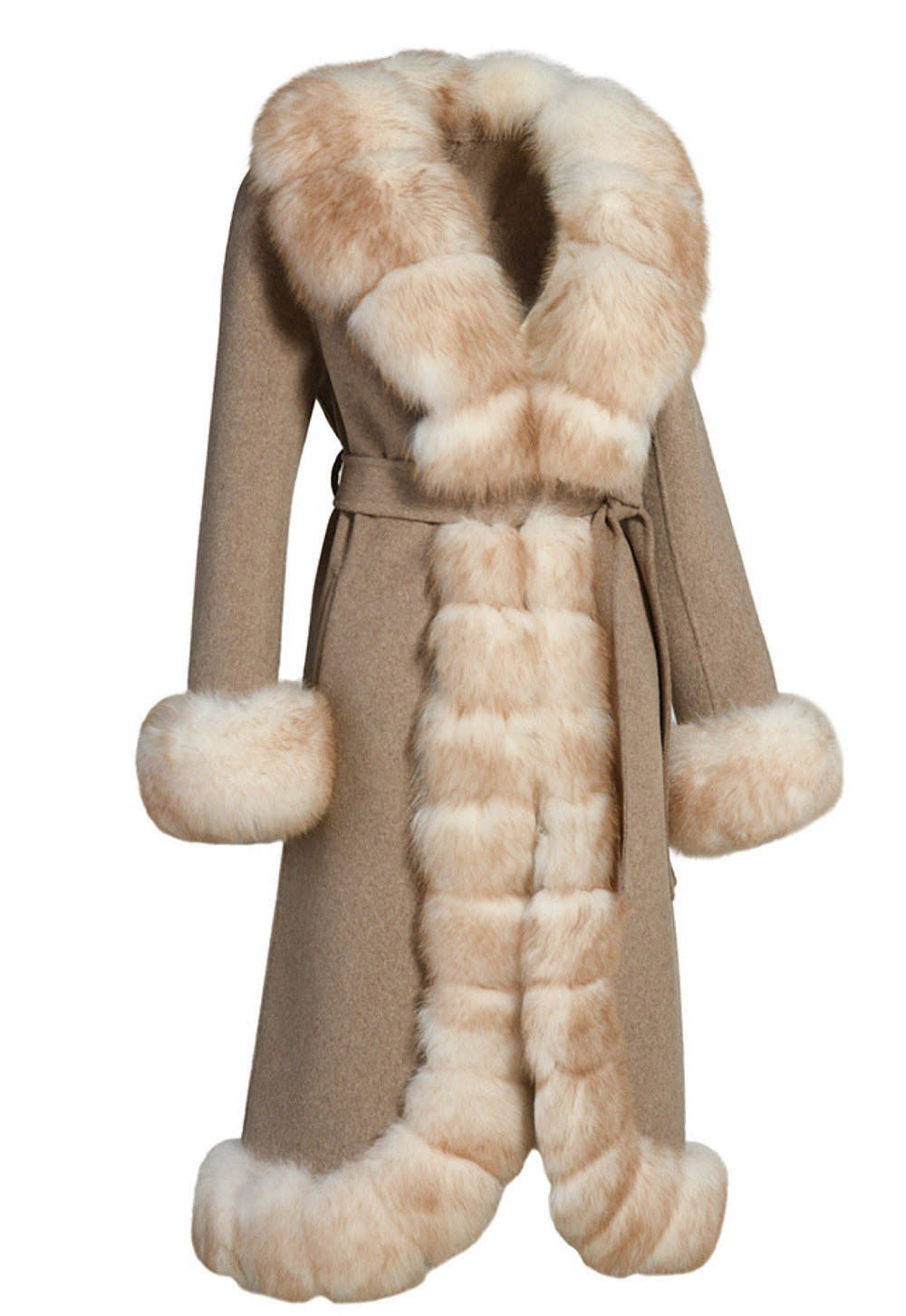 Luxurious suede-textured coat in beige Alcantara, accented with rich, multidimensional fur detailing for a sophisticated finish.