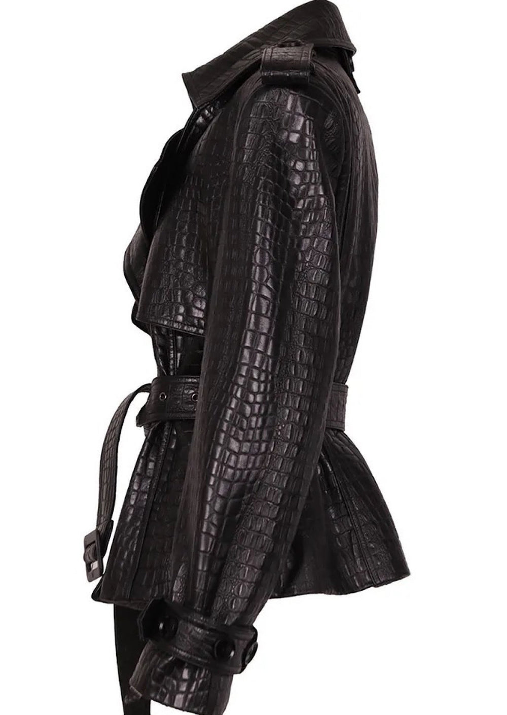 A black embossed croc leather jacket for women with smooth leather detailing on the shoulders and wrists. The jacket’s unique texture and sleek accents create a sophisticated, edgy style.