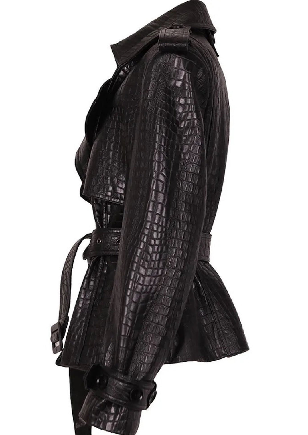 A black embossed croc leather jacket for women with smooth leather detailing on the shoulders and wrists. The jacket’s unique texture and sleek accents create a sophisticated, edgy style.