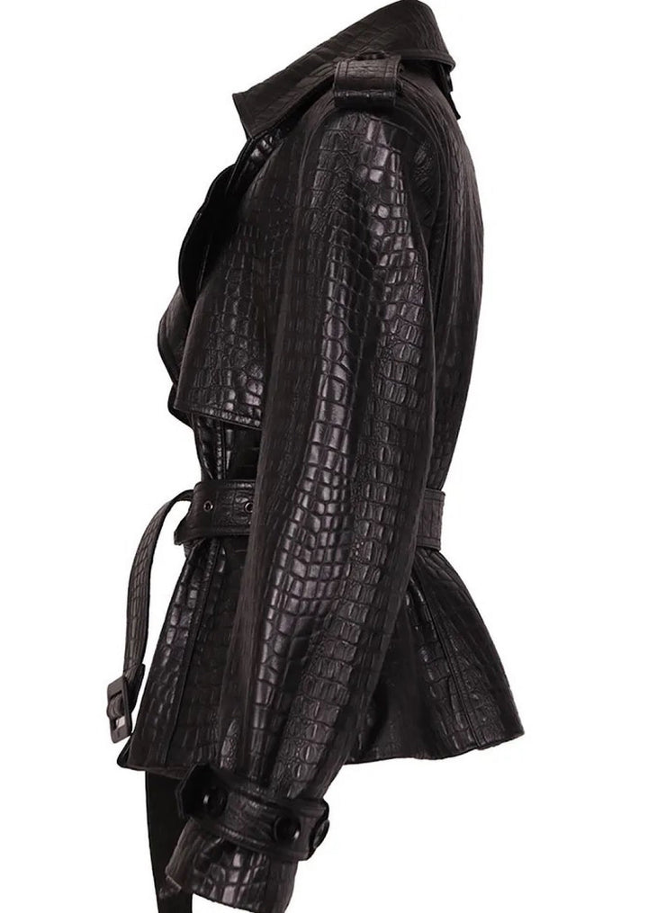 A black embossed croc leather jacket for women with smooth leather detailing on the shoulders and wrists. The jacket’s unique texture and sleek accents create a sophisticated, edgy style.