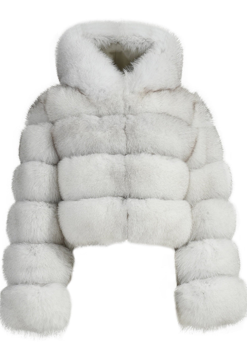Luxurious hooded fox fur coat with a bold, plush texture created by horizontal panels, expertly designed to provide warmth on the coldest days.