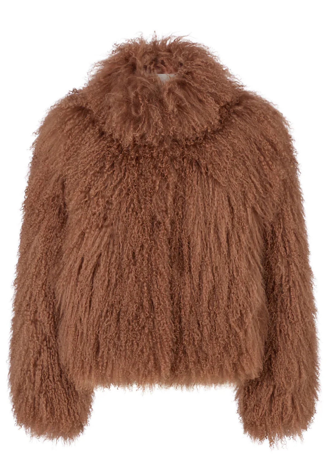 100% Mongolian fur coat in warm brown tones, offering dramatic volume and timeless cold-weather luxury.