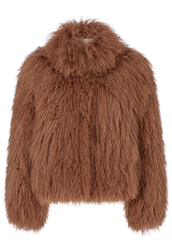 100% Mongolian fur coat in warm brown tones, offering dramatic volume and timeless cold-weather luxury.