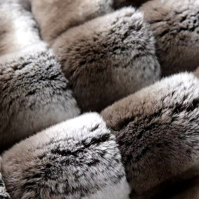 Close-up of the chinchilla-effect Rex Rabbit fur, revealing the fine, velvety texture and meticulous detailing of the high-end craftsmanship.