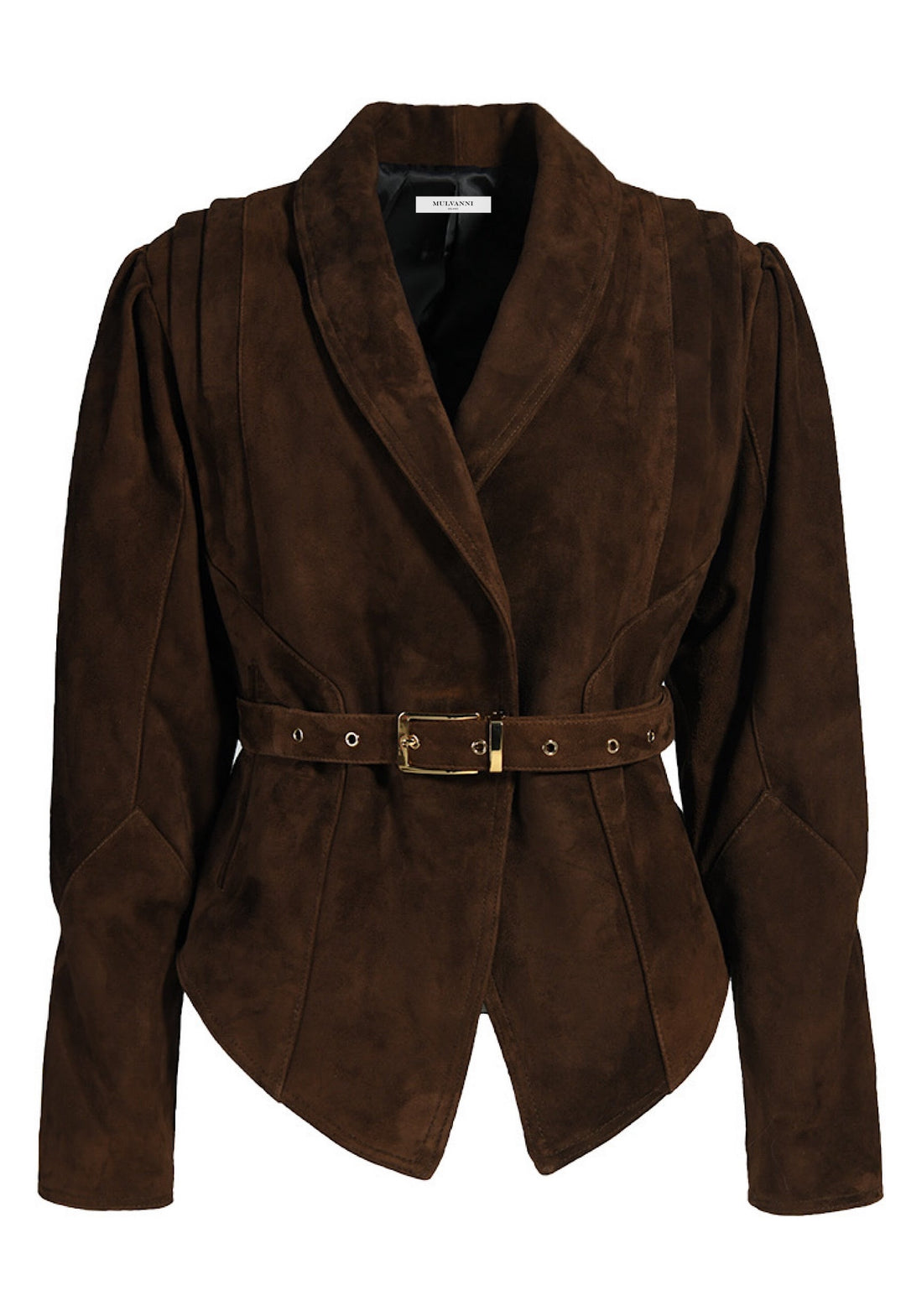 Tailored dark brown suede jacket crafted from soft, genuine suede, featuring a matching belt that cinches the waist for a defined silhouette.